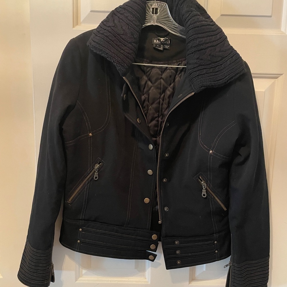 RADZOLI Black Quilted Lined Jacket Coat Knit Collar L Moto Bomber Style